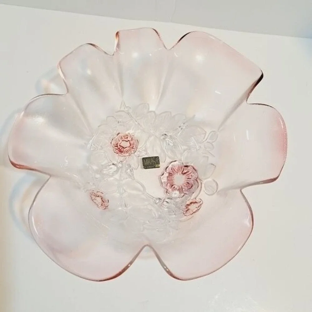Mikasa Flower Bowl Home Decor Pink Frosted Glass Ruffled Floral Vintage